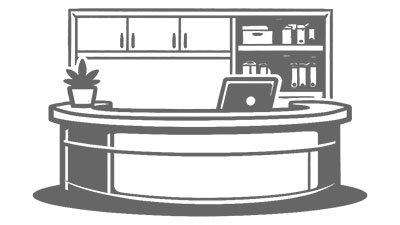 Büro- & Objektbau – Empfangstresen Icon Icon eines Empfangstresens mit Ablage und Schrankelementen im Hintergrund