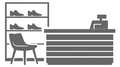 Ladenbau – Theke und Regalsystem Icon Icon mit Verkaufstheke, Kassengerät, Schuhregal und modernem Stuhl